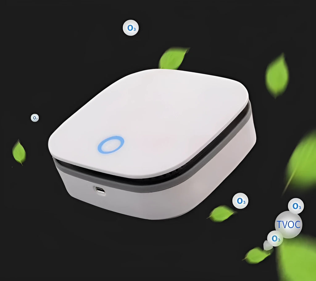 White USB air purifier for car use with negative ion technology and composite filter.