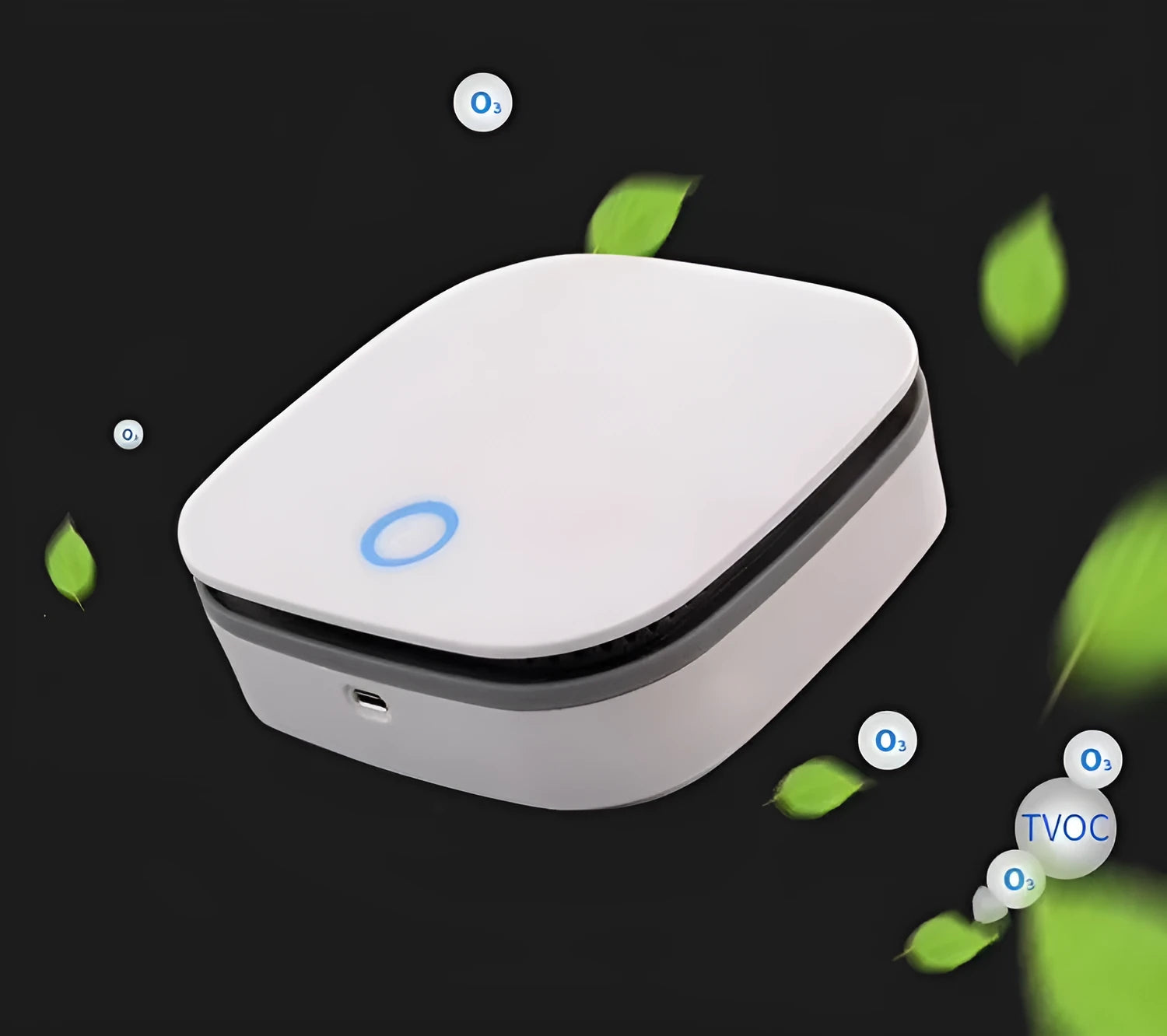 White USB air purifier for car use with negative ion technology and composite filter.