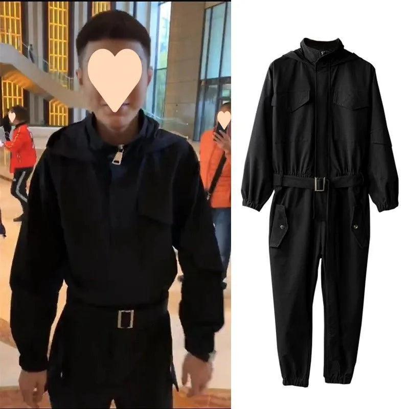 Men's hooded workwear jumpsuit in army green with ankle-tied cuffs and conventional sleeves