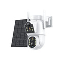 Outdoor solar-powered wireless Wi-Fi security camera with solar panel in black and white or all-white finish