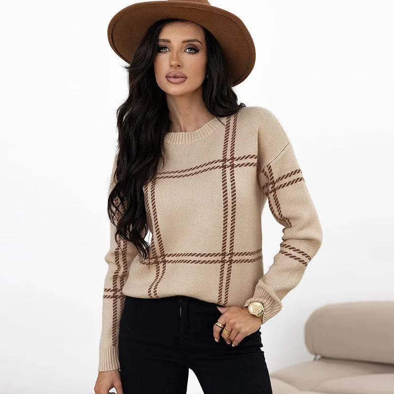 Women's loose fit acrylic sweater with plaid colour-block pattern in apricot black beige stripes red green colours