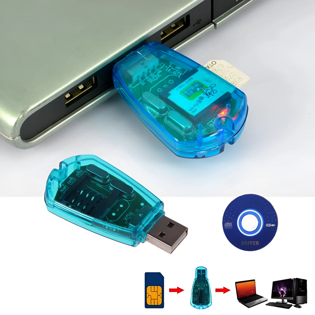 Blue USB mobile phone SIM card reader for contact and message backup