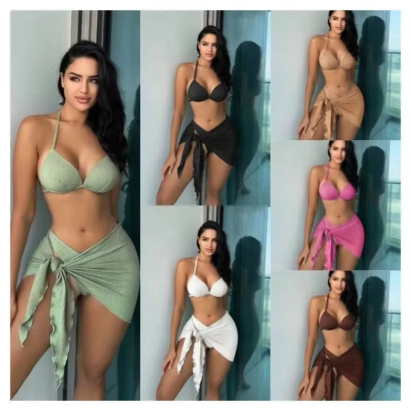 Women's sexy Russian split three-piece swimsuit set in a solid colour, shown with top, skirt, and panties.