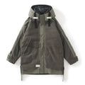 Men's hooded down jacket in apricot with white duck down filling, polyester lining, loose fit