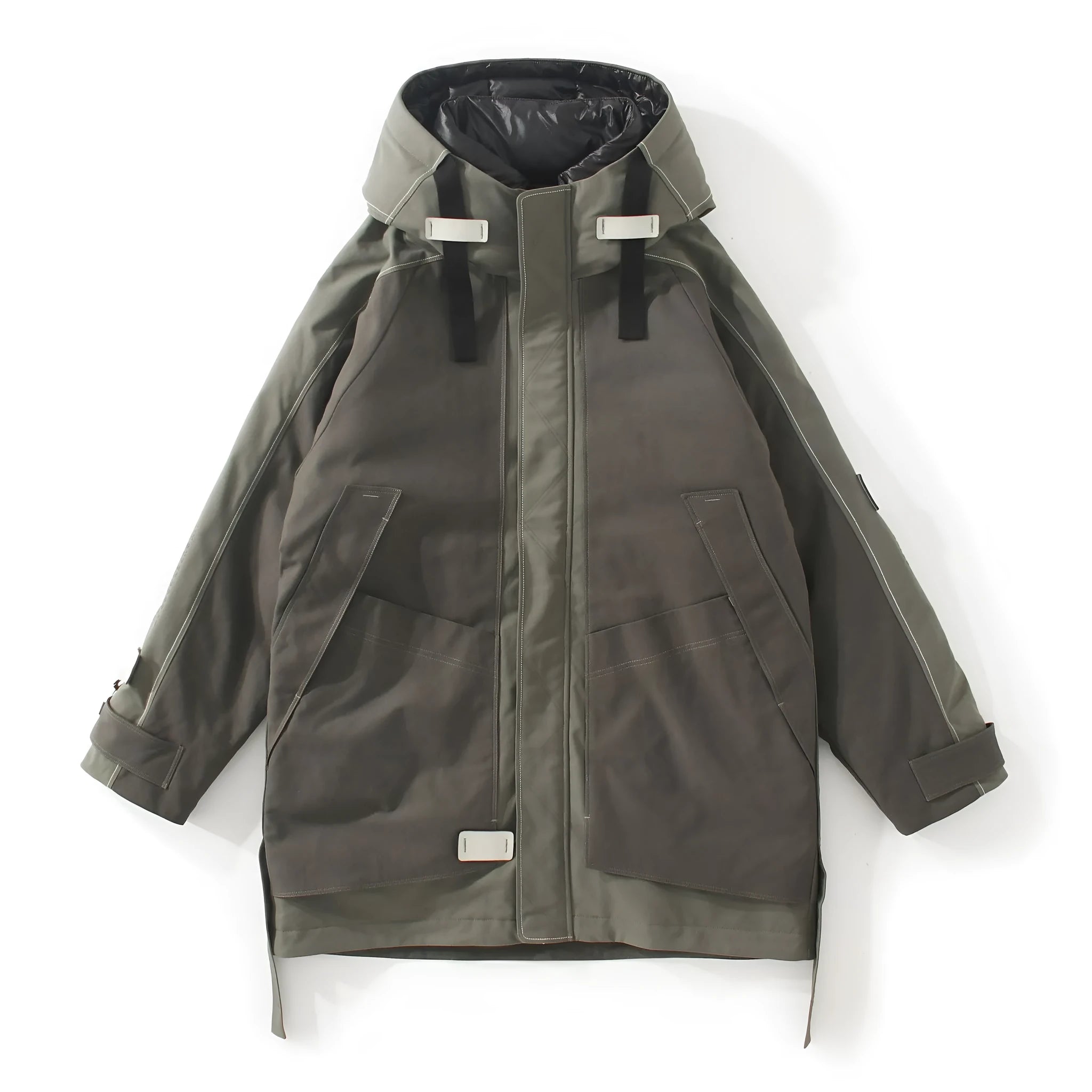 Men's hooded down jacket in apricot with white duck down filling, polyester lining, loose fit