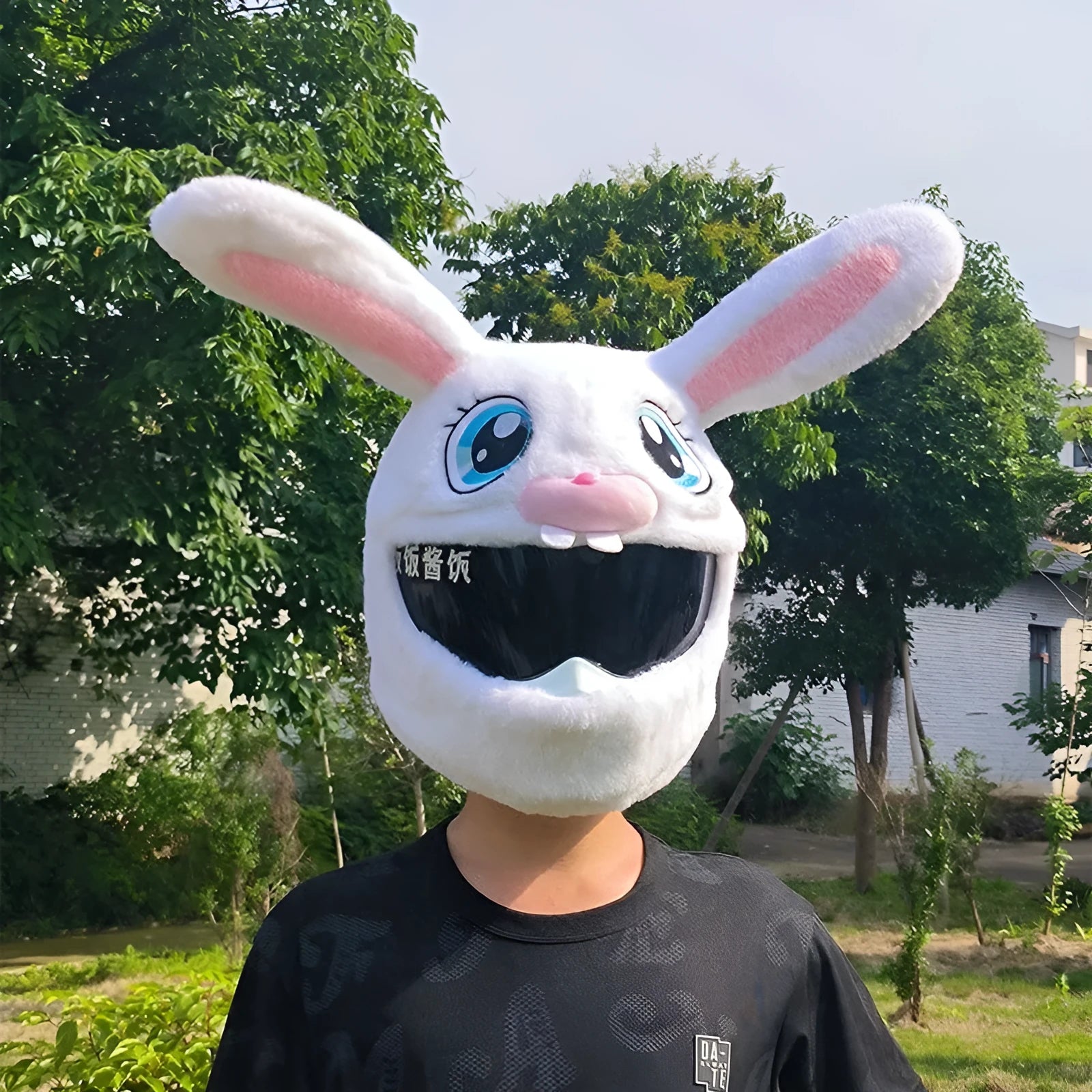 White rabbit head decorative cover for electric motorcycle helmet with long ears and plush PP cotton material