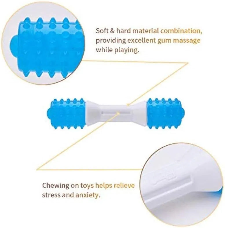 Dual-colour TPR puppy teething chew toy with dental cleaning texture in three available sizes