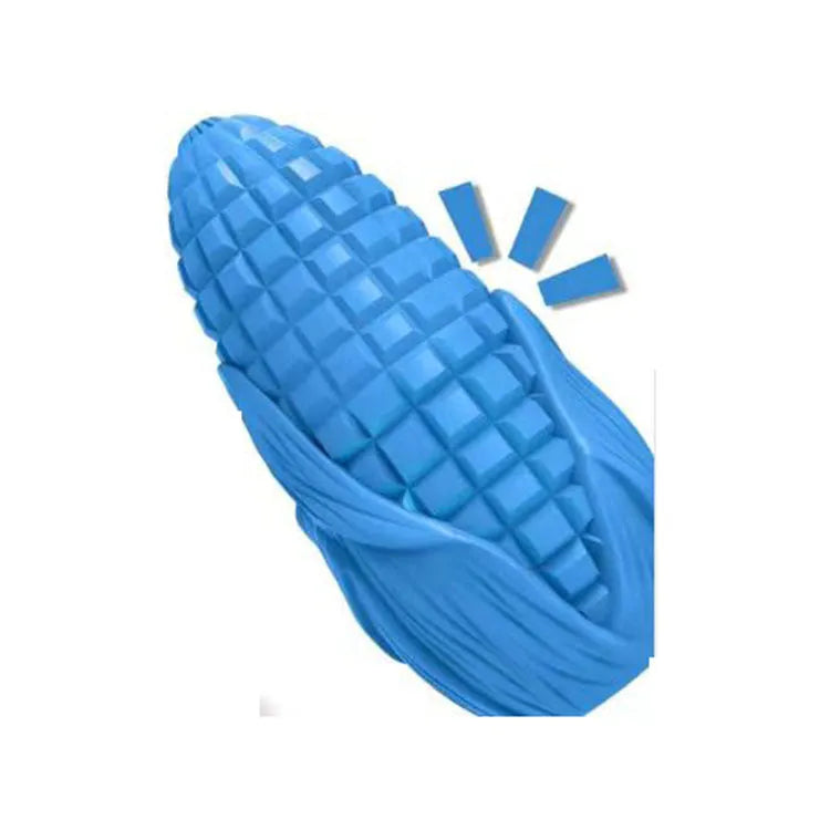 Blue and yellow corn-shaped dog chew toy for medium and large breeds on a white background.