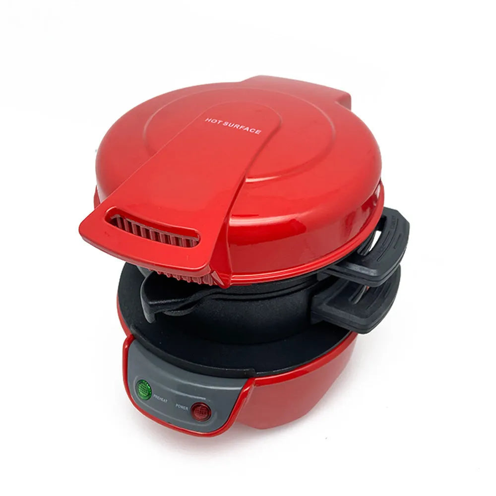 Bright red breakfast sandwich maker with egg cooker ring and two non-stick baking trays