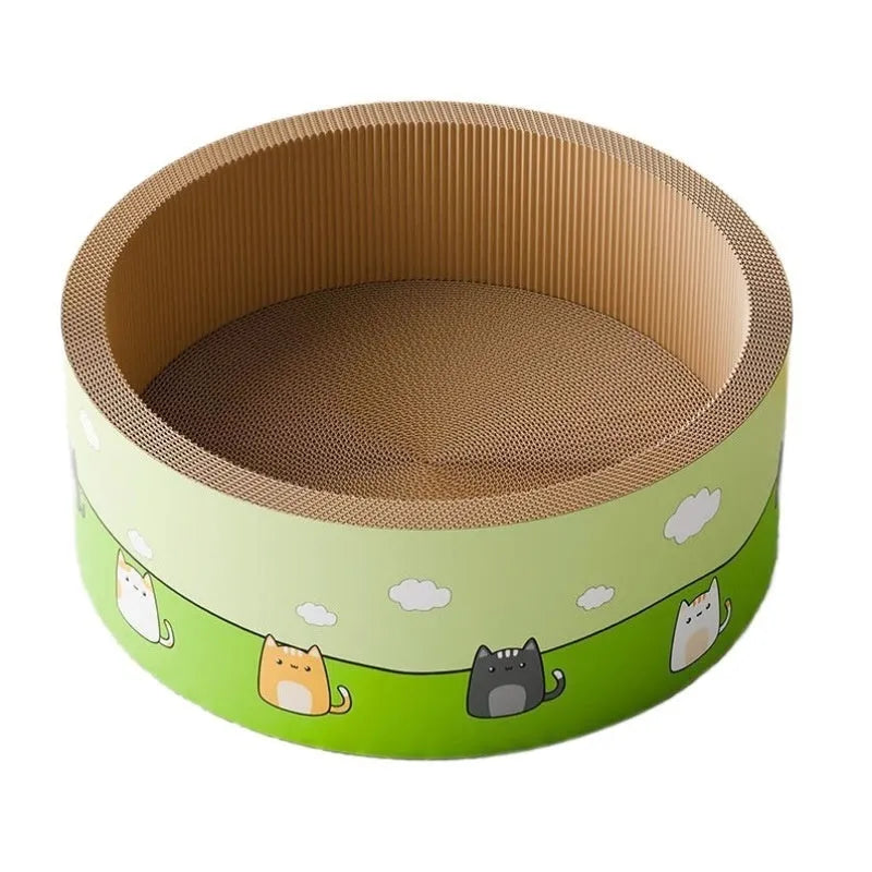 Large round cat scratch board with deep pit texture made from corrugated paper