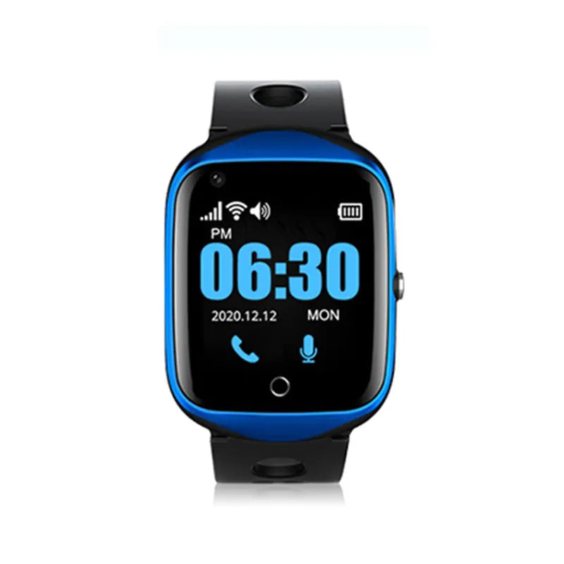 Square screen elderly phone watch with silicone strap in black, blue, or silver colour options