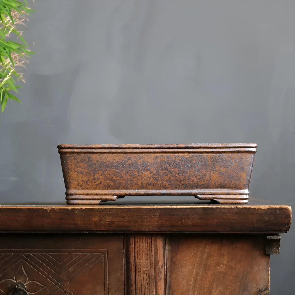 Purple sand rectangular bonsai flowerpot with firewood burning finish shown in two size options