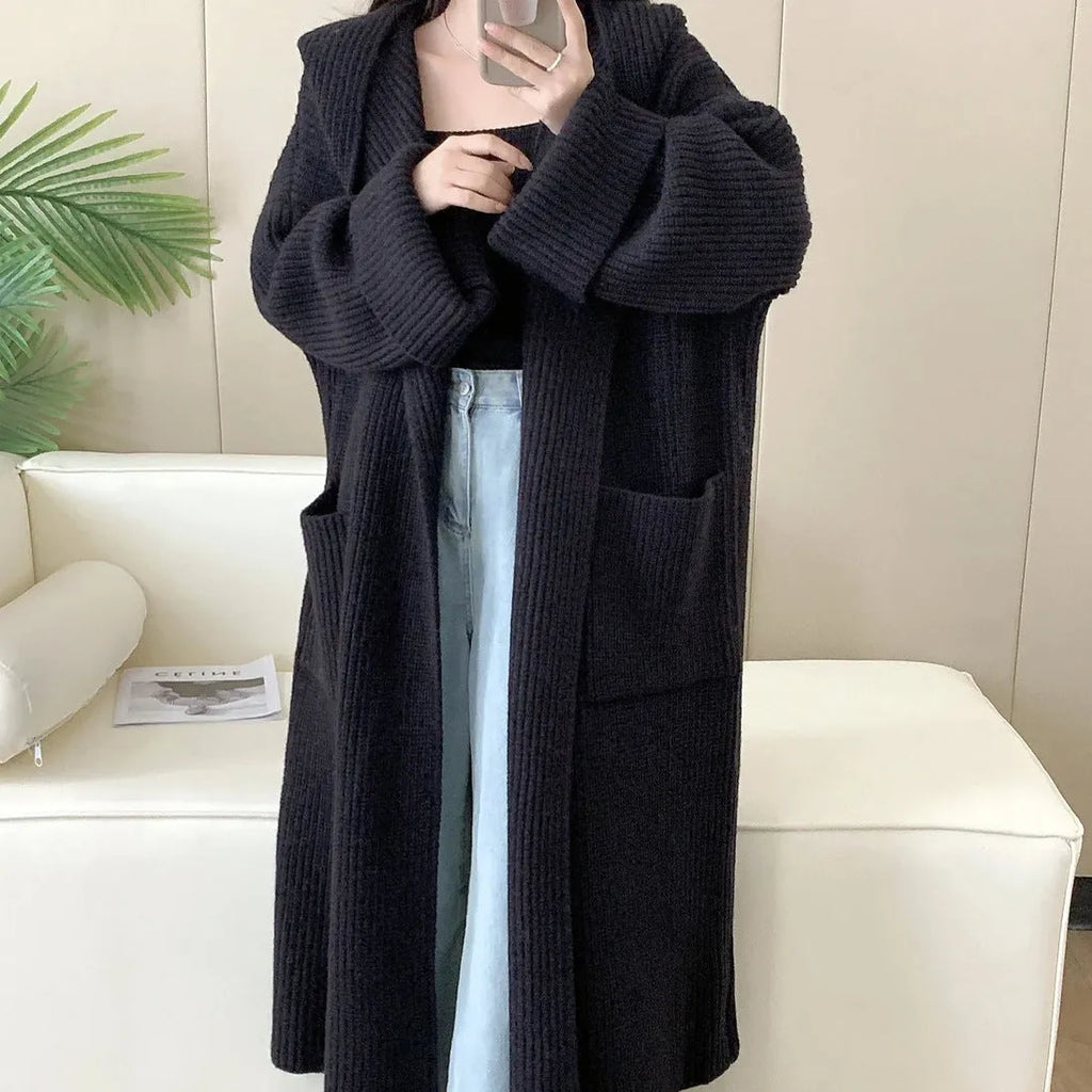 Loose-fit women's hooded cardigan coat in acrylic, shown in milky white colour