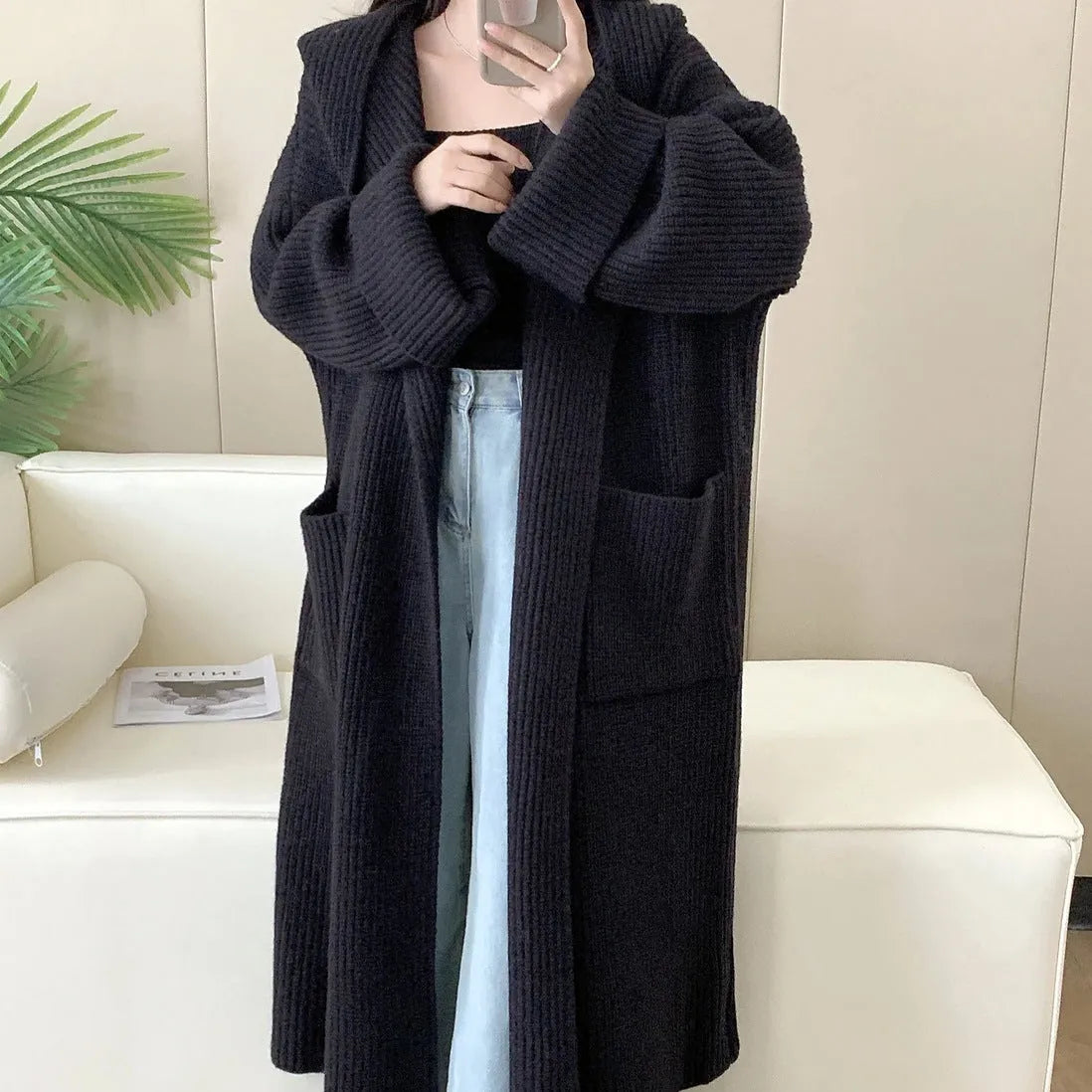 Loose-fit women's hooded cardigan coat in acrylic, shown in milky white colour