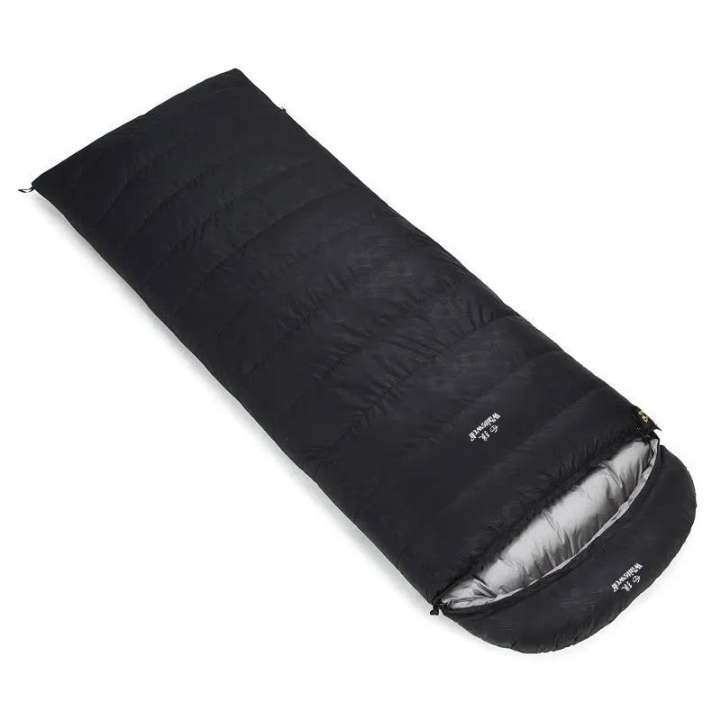 Black outdoor sleeping bag with envelope structure, showing goose down fill and durable nylon fabric.