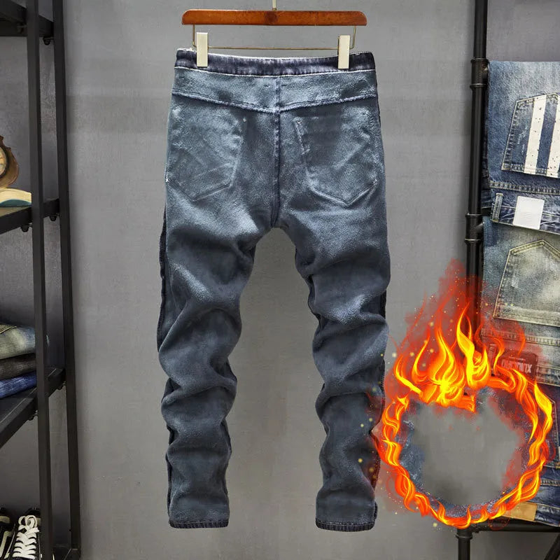 Men's slim-fit skinny jeans in blue cotton denim with stretch, shown in dark and light colour options.