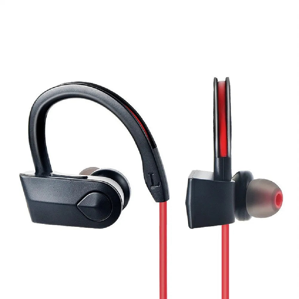 Black wireless neckband Bluetooth earphones with earbuds and USB charging cable