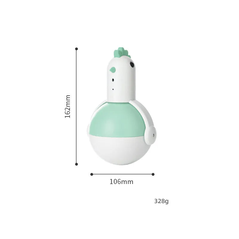Green or orange electric chicken-shaped cat toy with laser and sound features on a flat surface.