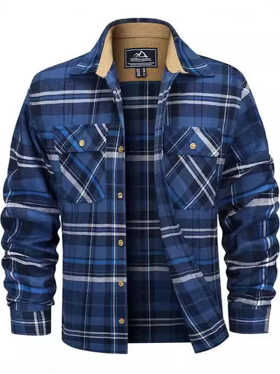 Men's polyester flannel button shirt with plaid pattern in green, navy, orange, and wine red colors available in sizes S to 5XL
