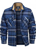 Men's polyester flannel button shirt with plaid pattern in green, navy, orange, and wine red colors available in sizes S to 5XL