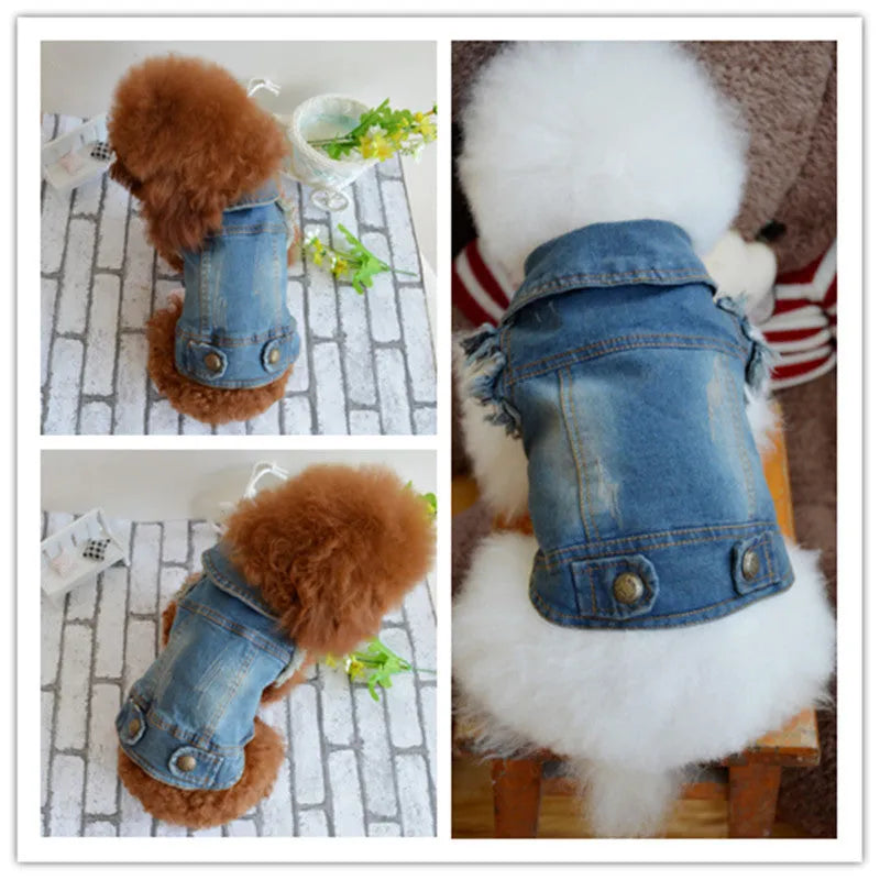 Denim pet dog vest with scratch pattern design in dark and light colours for small breed dogs