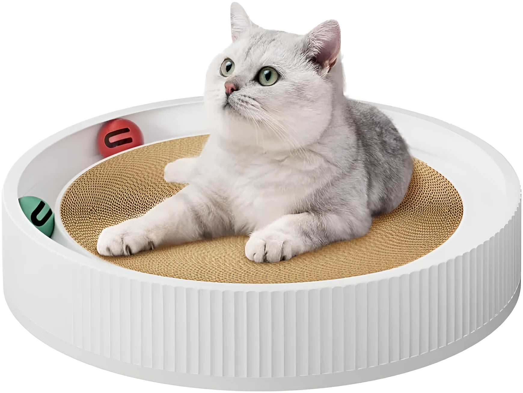 Large circular cardboard cat scratching board with integrated bell toys and refillable core