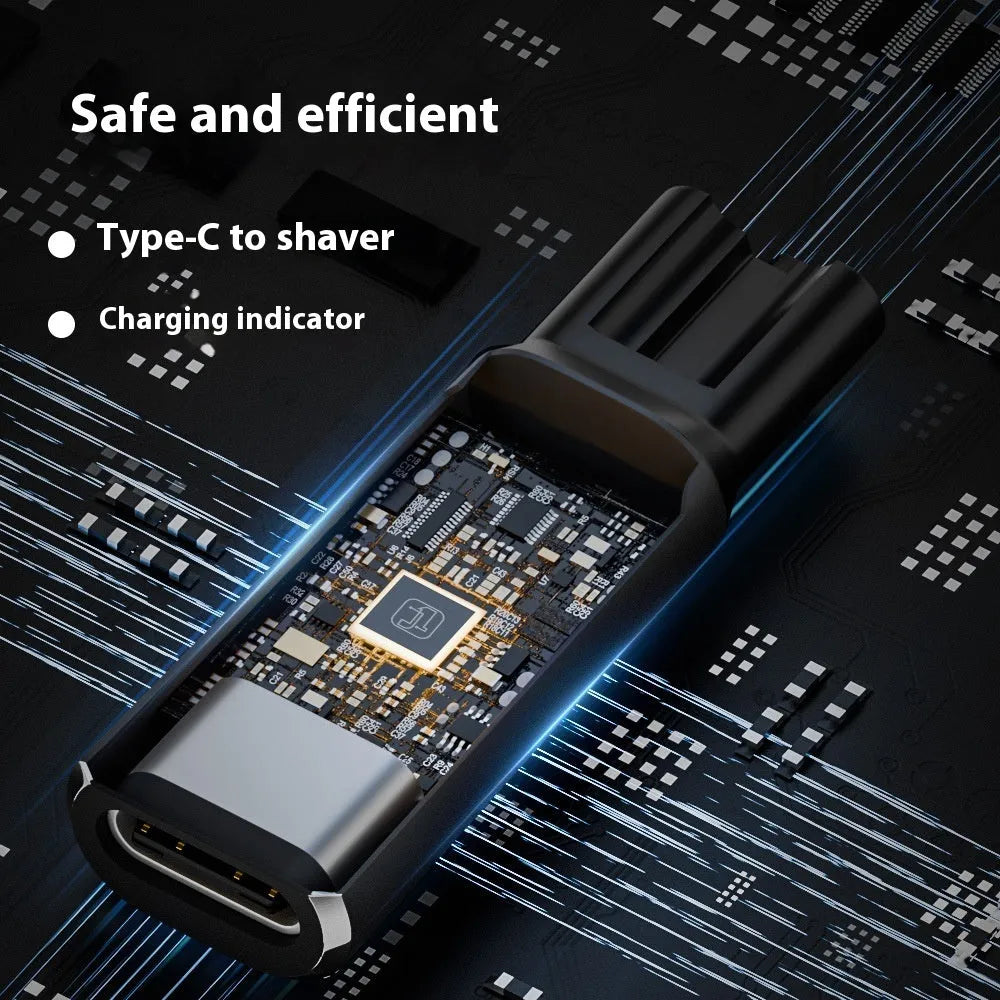 Black USB-C charging adapter for electric shavers and hair clippers on a grey background.