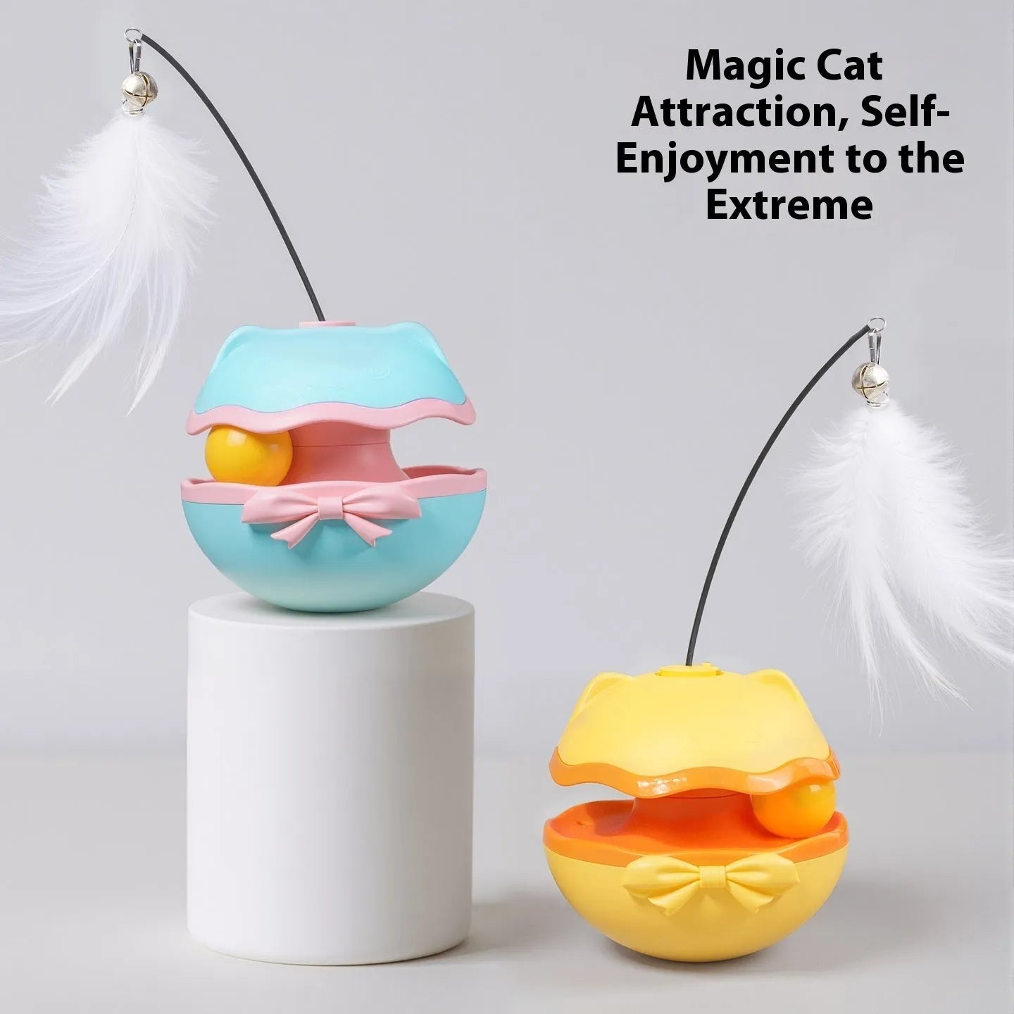 Electric cat toy tumbler with self-moving teaser mechanism in lemon yellow, sky blue or soft fog grey plastic