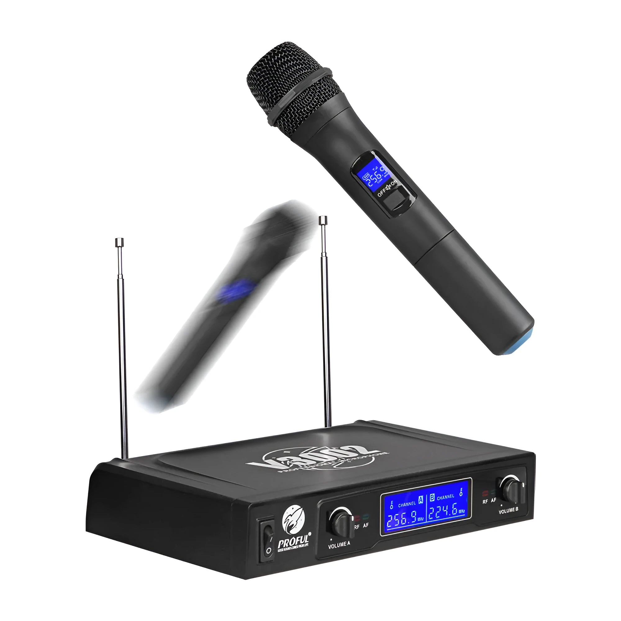 Black V-3002 wireless microphone set with two handheld dynamic mics and transmitter for KTV and stage use