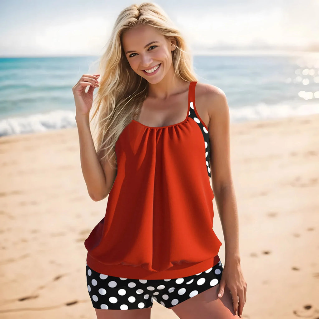 Women's polka dot boxer swimsuit with high waist conservative style in polyester fabric
