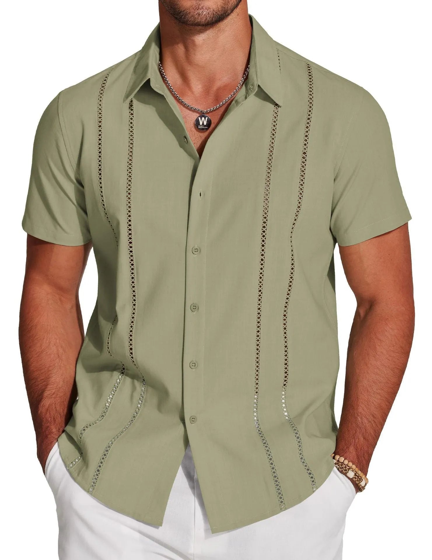 Men's slim fit short sleeve Hawaiian shirt with digital print pattern in elastic polyester fabric