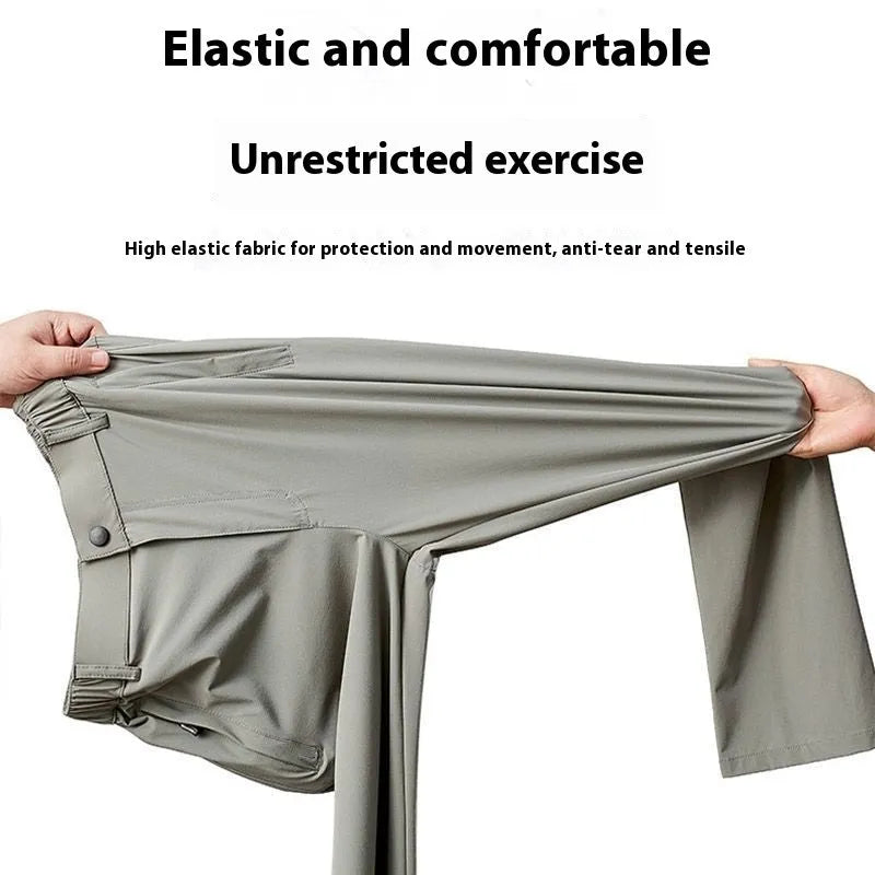 Men's black ice silk straight-leg loose fit casual trousers with a high elastic waistband.