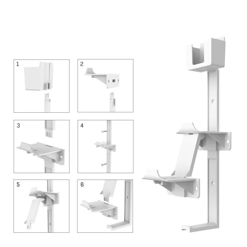White ABS plastic wall-mounted hook holding a PlayStation game controller and headphones.