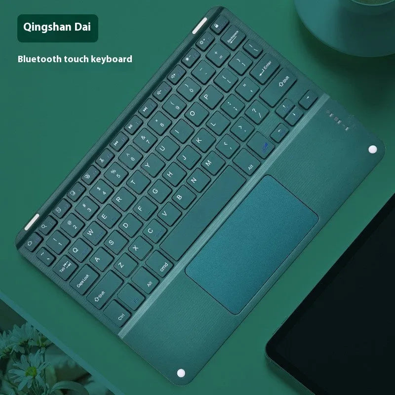 Square hat touch wireless Bluetooth keyboard in assorted colours on a desk.
