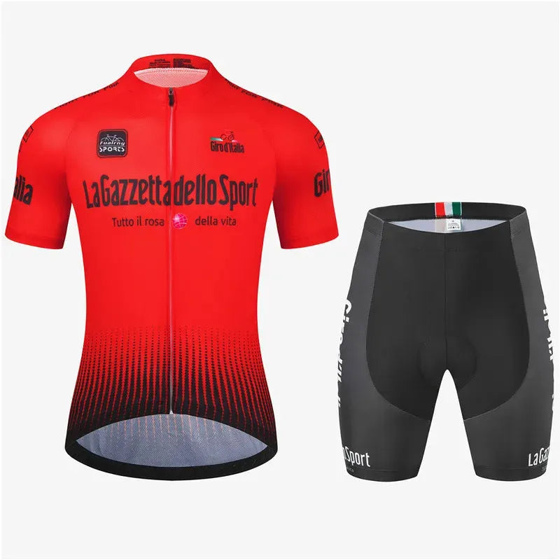 Short sleeve cycling jersey in a colour option, laid flat to show unisex cut and breathable polyester fabric.
