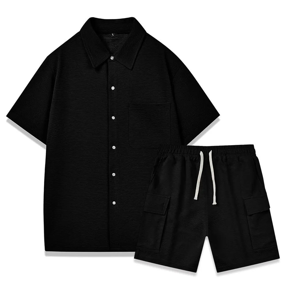 Women's beige elastic waist shorts and short sleeve top two-piece casual set laid flat.