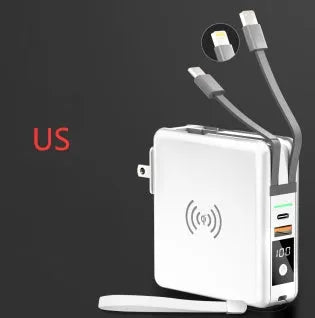 Black and white QI wireless charging power bank with PD20W fast charging and international travel plugs