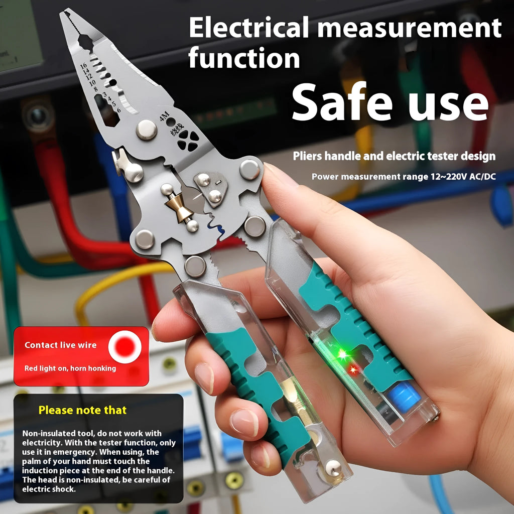 Thickened electricians' pliers with wire stripping function showing pointed design and handle details