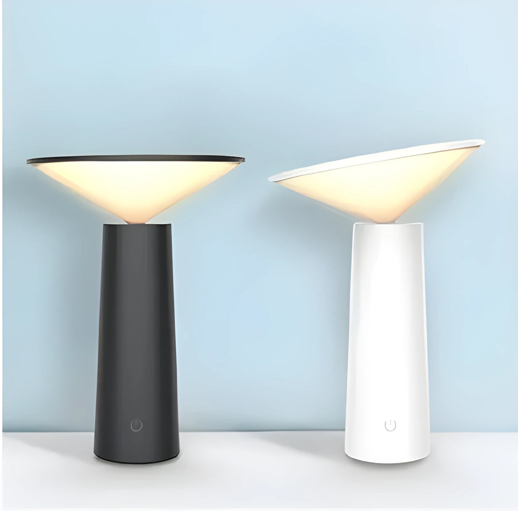 Black or white USB LED desk lamp with touch sensor and adjustable lamp head on a desk