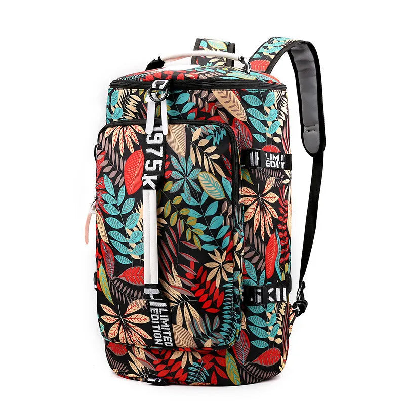 Black waterproof nylon backpack with combination lock, shown as a backpack and shoulder bag, featuring multiple pockets.