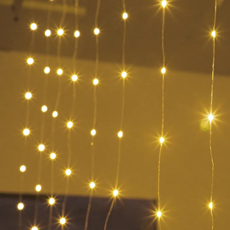 Copper curtain LED string lights with USB power cable in blue, purple, warm white, or white colour options