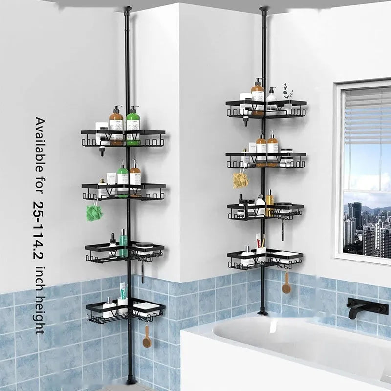 Retractable bathroom storage rack with four tiers and hole-free installation