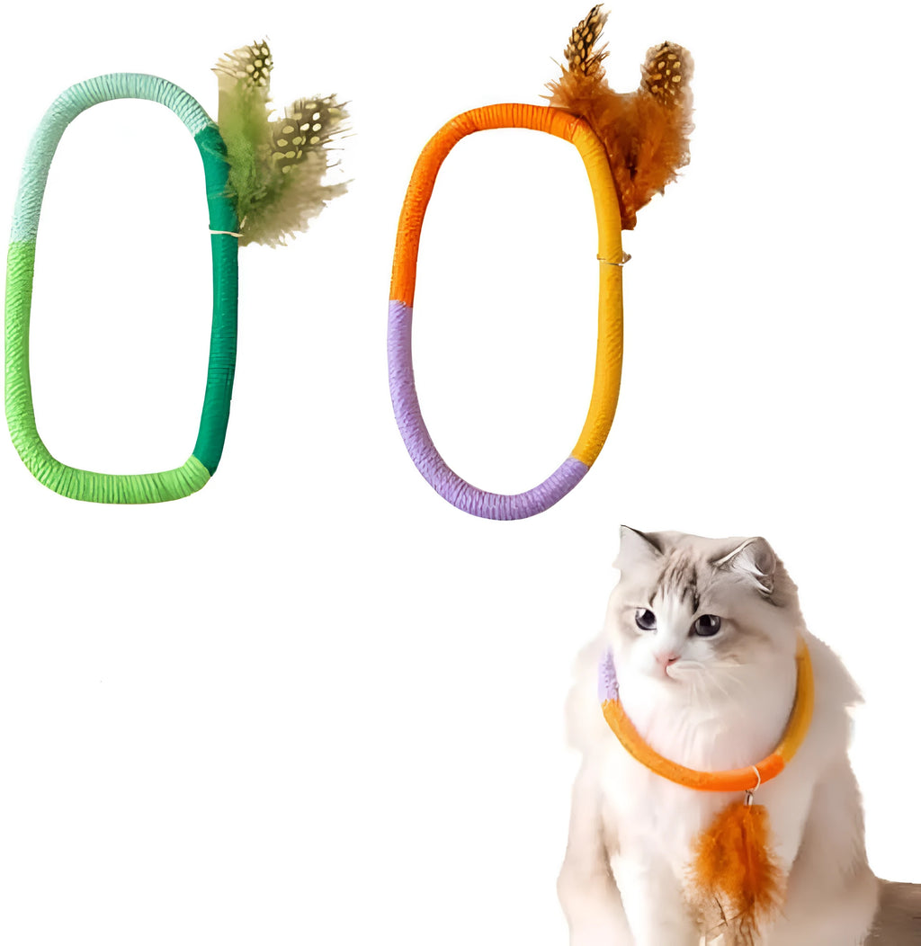 Green circular cotton rope cat toy with feathers and catnip for chewing and kicking play