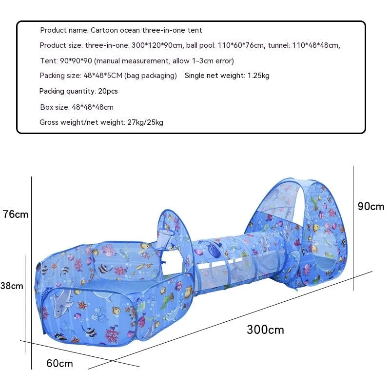 Colourful marine cartoon children's tent with integrated ball pool and crawl tunnel