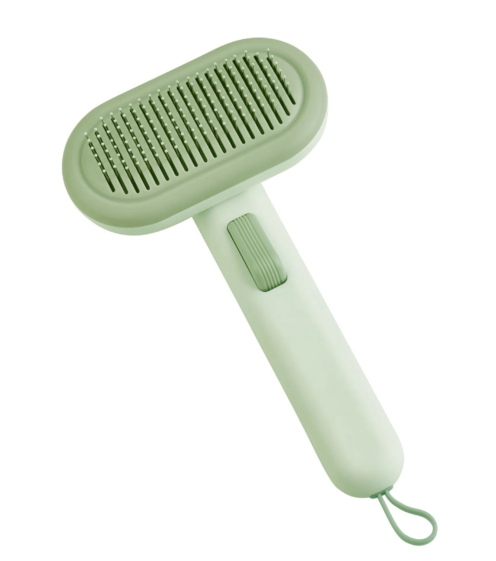 Large pet hair removal comb in light grey with stainless steel teeth and one-click knot remover.