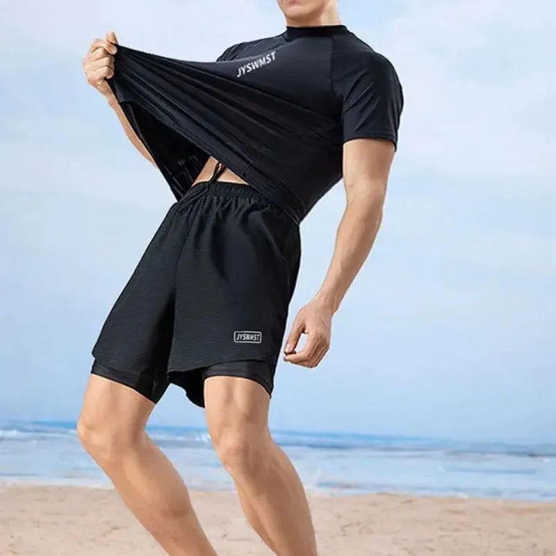 Men's plus size polyester swimsuit set showing top and trousers on a hanger