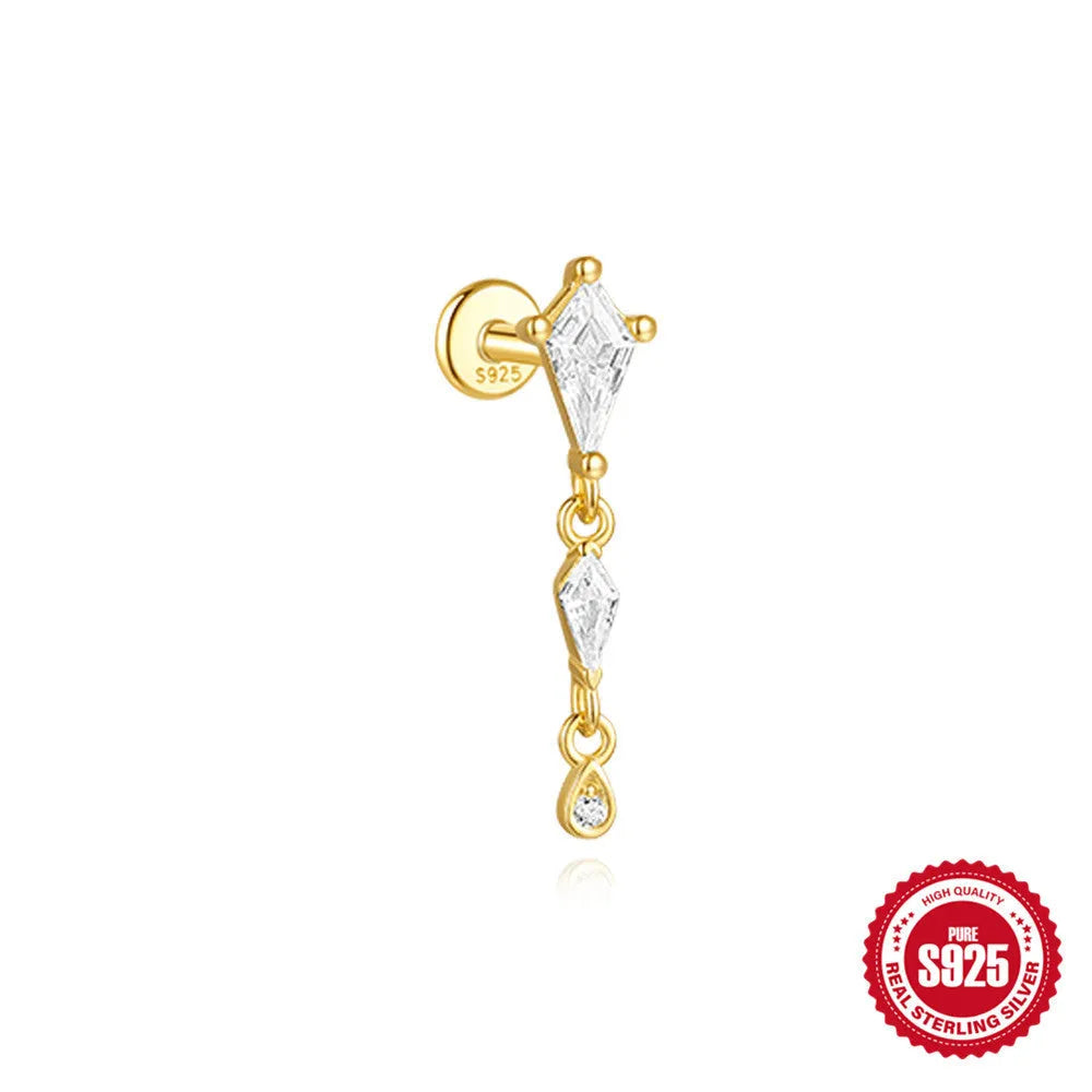 Geometric kite-shaped sterling silver earrings with a gold electroplated chain tassel featuring rhinestones.