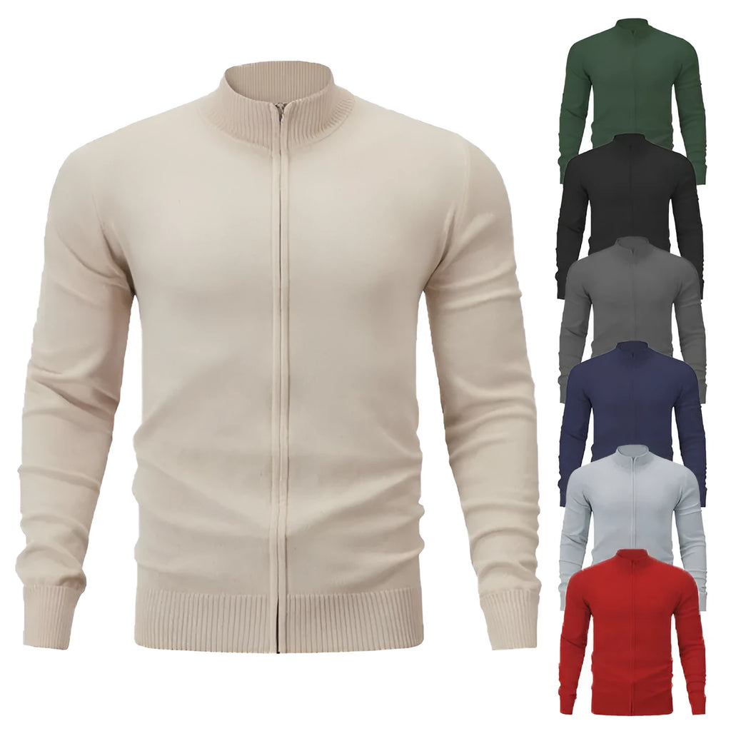 Cotton stand collar casual sports sweater with full-length zipper in loose fit
