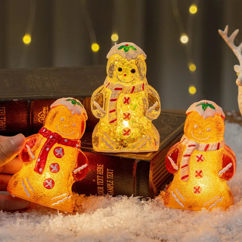 Set of four glowing Christmas gingerbread man and snowman ornaments with different coloured scarves on a festive background.