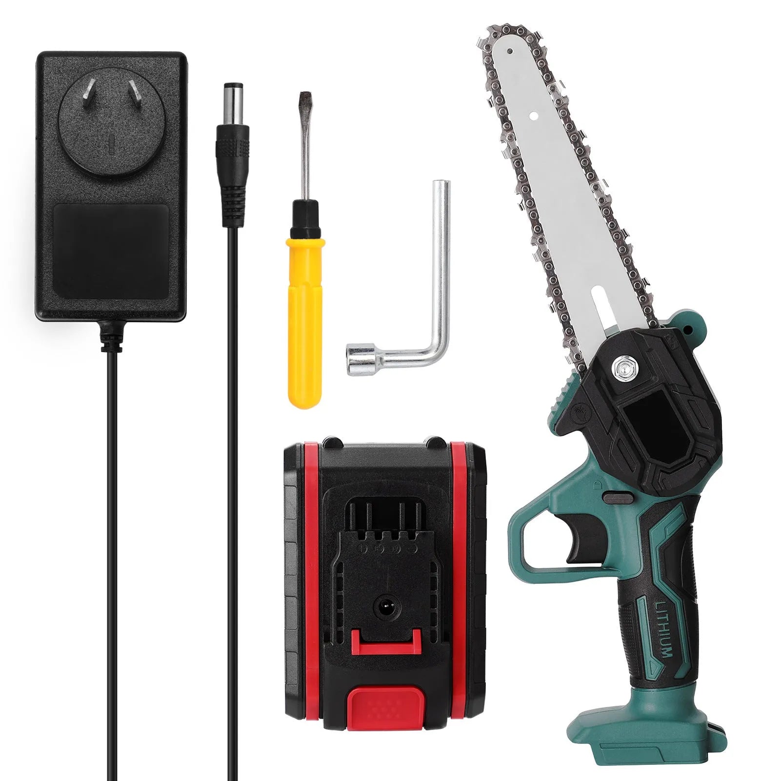Black mini electric chainsaw with 4-inch chain, lightweight one-hand design on workbench